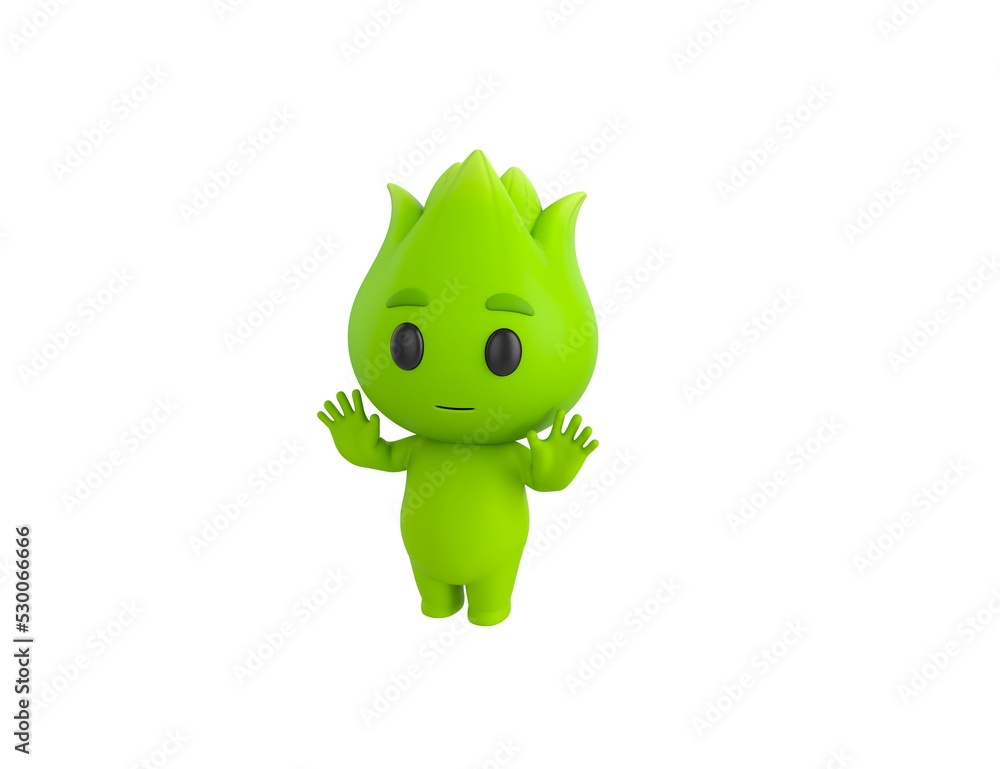 Sticker nature mascot character raising hands and showing palms in surrender gesture in 3d rendering.