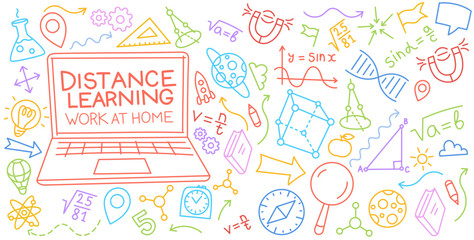 Distance education. E-learning banner. Vector color line. Editable stroke size.