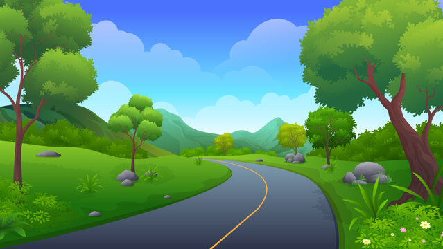 Asphalt road going through the hill with beautiful nature landscape, trees and mountain vector illustration