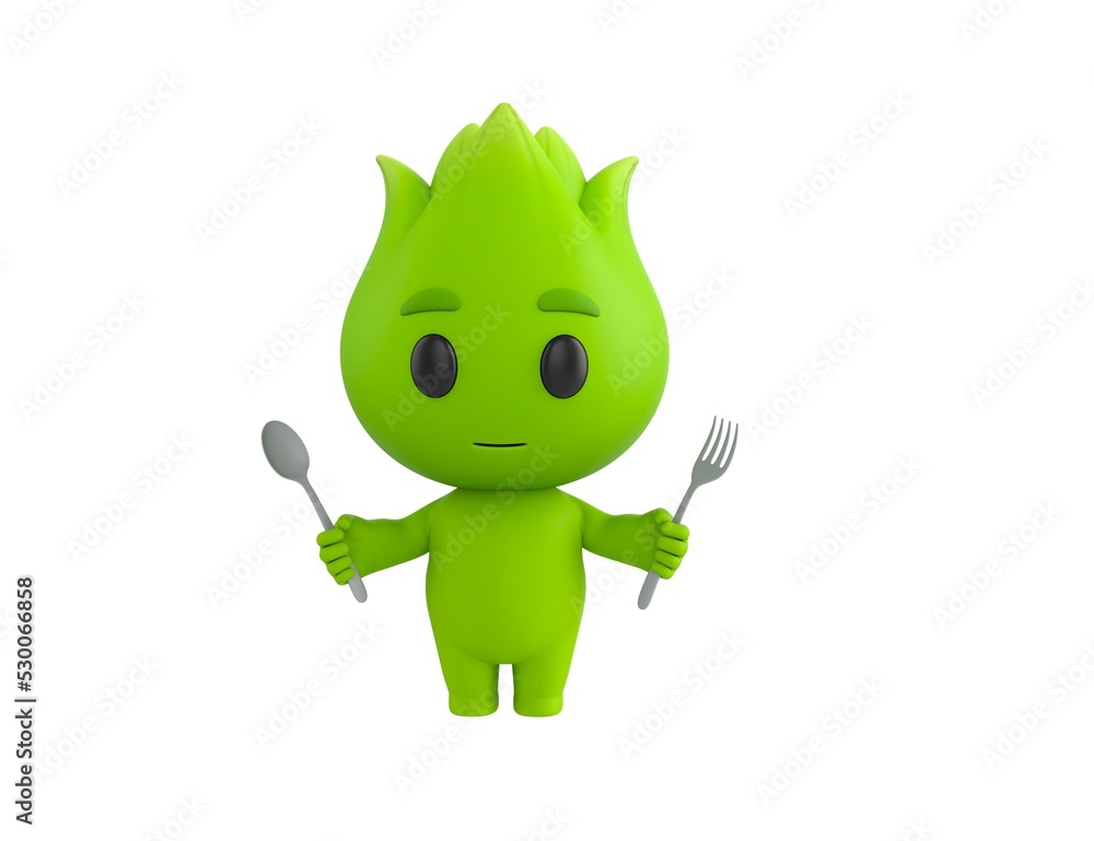 Wall mural nature mascot character holding fork and spoon in 3d rendering.