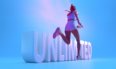 Athletic young woman in sports uniform running away along 3d lettering over blue background in neon light. Sport, action, fitness, youth concept.