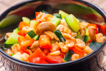 cooked vegetables salad with shrimps and cashew nuts