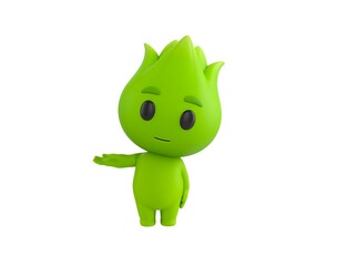 Nature Mascot character looking to camera and pointing hand to the side in 3d rendering.