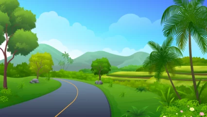 Foto auf Acrylglas Highway asphalt road with beautiful paddy rice field, trees and mountain landscape vector illustration © Astira