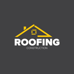 Roofing construction logo design template with roof top and slogan siolated on grey background. Vector Real estate logo or label with stylized roof
