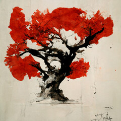 Stylistic Japanese painting of a tree, red and black on white background, digital art