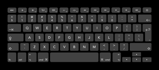 Computer keyboard. Black keyboard entry set with letters and numbers. Vector isolated mockup. Black buttons with letters and numbers. Vector illustration.