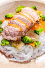 baked duck breast with vegetables and rice noodles