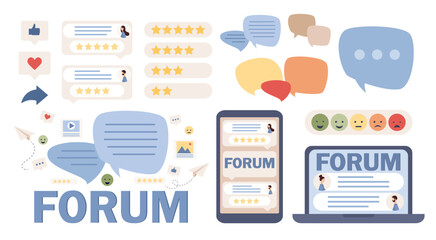 Online forum icon set. Communication, dialogue, internet chat, social media, networking, group community. Vector flat illustration 