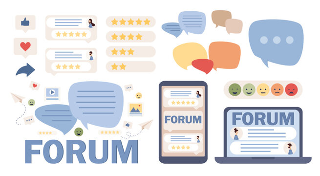 Online forum icon set. Communication, dialogue, internet chat, social media, networking, group community. Vector flat illustration 