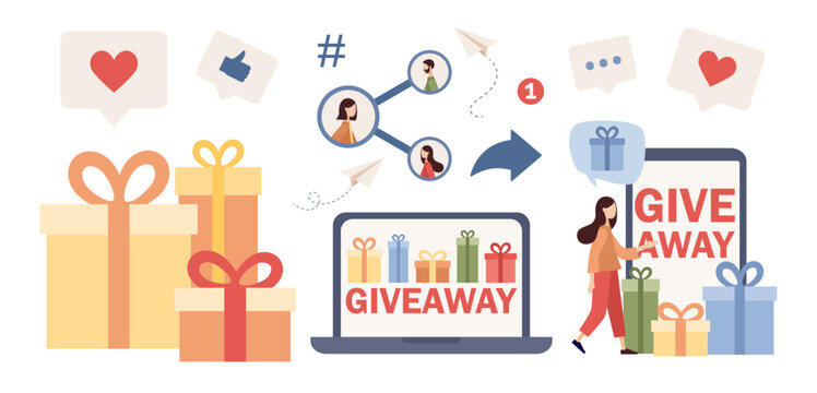 Giveaway icon set. Gift boxes. Social network promo, gift advertisement, surprise package, follower reward for like or repost concept. Vector flat illustration 