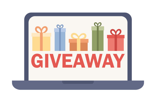 Giveaway text on laptop screen. Gift boxes icon. Social network promo, gift advertisement, surprise package, follower reward for like or repost concept. Vector flat illustration 