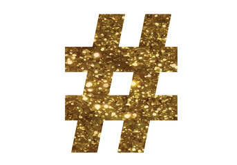 Fototapeta na wymiar Gold glitter of isolated word HASHTAG symbol on transparent background