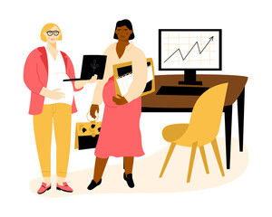 Pregnant women communication in the office.  Expectant mothers combining work and motherhood. Vector flat illustration