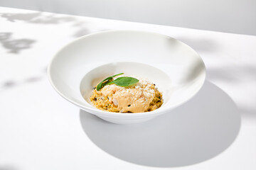Italian food - mushrooms risotto with creamy espuma on light background. Mushroom risotto with cheese in summer menu Italian risotto with hard shadows from tree leaves. Trendy menu concept