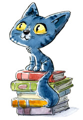 Cat illustration up to a stack of books