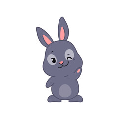 Cute smiling bunny with winking eye. Flat cartoon illustration of a funny little black rabbit isolated on a white background. Vector 10 EPS.