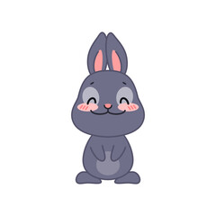 Cute blushing and smiling bunny. Flat cartoon illustration of a shy little black rabbit isolated on a white background. Vector 10 EPS.
