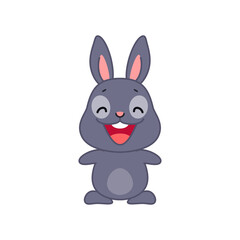 Fototapeta na wymiar Cute smiling bunny. Flat cartoon illustration of a funny little laughing black rabbit isolated on a white background. Vector 10 EPS.