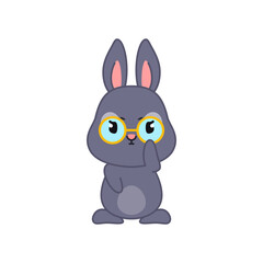 Cute black bunny wearing eyeglasses. Flat cartoon illustration of a funny teacher rabbit isolated on a white background. Vector 10 EPS.