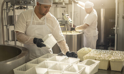 Man is a cheese maker in the process of producing different varieties of cheese in the industry....