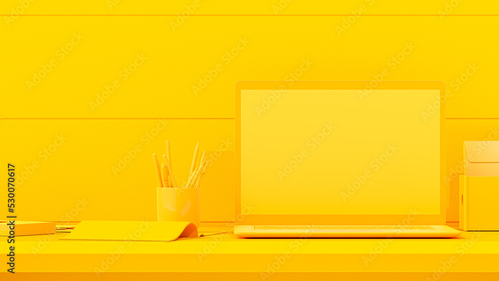 Poster yellow laptop mock-up empty display is placed on the desk. minimal idea concept, 3d render