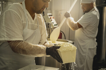Man is a cheese maker in the process of producing different varieties of cheese in the industry. Milk cheese making - obrazy, fototapety, plakaty