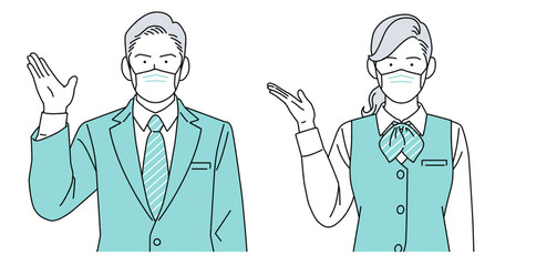 人物イラスト 受付 ビジネスマン 男女 正面 マスクあり