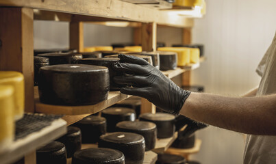 Farmer in gloves turns over cheese heads in the cheese maturation storage. Production of cheeses...