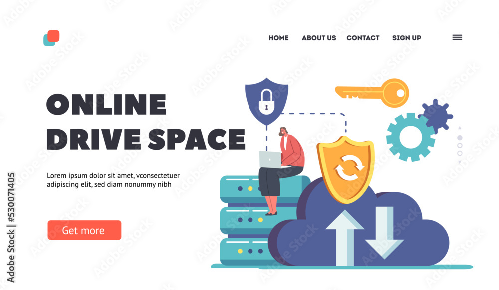 Poster online drive space landing page template. characters restore media files into cloud data storage on 