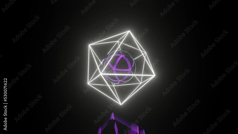 Poster neon glowing abstract 3d model rotates in a dark space with reflections on the floor. realistic 3d c