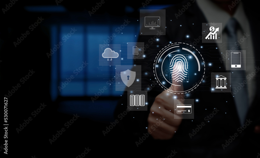 Poster businessman touching fingerprint scanning icon on virtual screen, personal information access concep