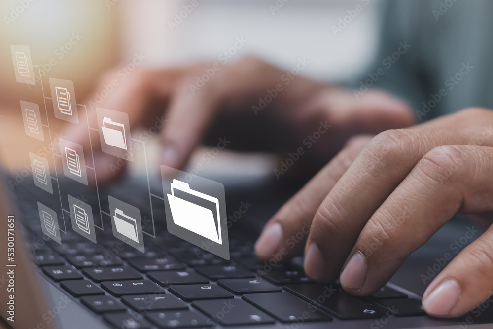 Poster close-up, office worker hands typing on laptop keyboard to management documents or databases, concep