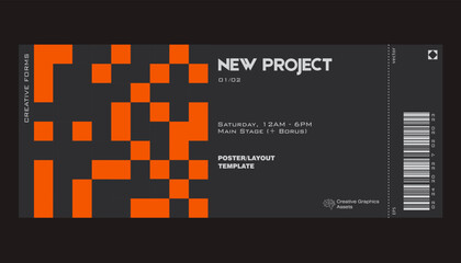 Modern exhibition ticket template layout made with abstract vector geometric shapes. Brutalism inspired graphics. Great for branding presentation, poster, cover, art, tickets, prints, etc.