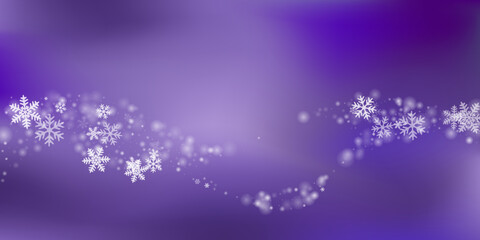 Cute flying snowflakes pattern. Snowstorm fleck freeze elements. Snowfall weather white purple wallpaper. Many snowflakes december vector. Snow cold season scenery.