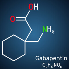 Gabapentin molecule. It is anticonvulsant medication, used to treat neuropathic pain and epilepsy. Structural chemical formula on the dark blue background