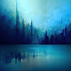 Shadows of a forest reflected in the mirror surface of a quiet blue lake. Abstract contemporary art watercolor.