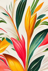 Creative backdrop of abstract, bright style flowers and tropical leaves. Watercolor painting. Floral background. 3D illustration. - 530071881