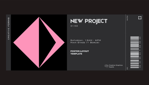 Modern exhibition ticket template layout made with abstract vector geometric shapes. Brutalism inspired graphics. Great for branding presentation, poster, cover, art, tickets, prints, etc.
