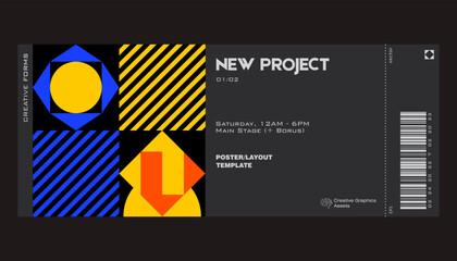 Modern exhibition ticket template layout made with abstract vector geometric shapes. Brutalism inspired graphics. Great for branding presentation, poster, cover, art, tickets, prints, etc.