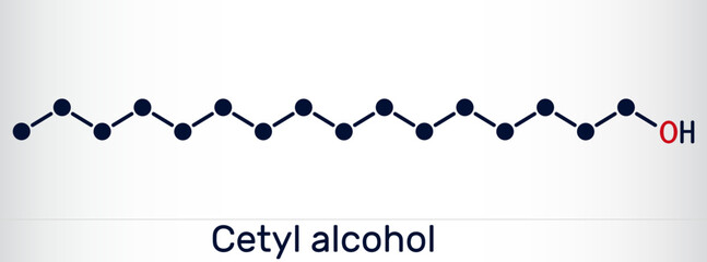 Cetyl alcohol, palmityl alcohol molecule. Used in cosmetic industry, as emulsifying agent in pharmaceutical preparations. Skeletal chemical formula. - obrazy, fototapety, plakaty