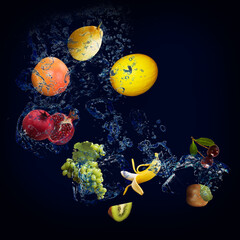 Obraz na płótnie Canvas Wallpaper, panorama with fruits in the water - melon, pear, grapefruit, grapes, banana, kiwi, cherry are very tasty and filled with vitamins