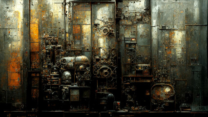 Grunge metal steampunk wall with mechanism and metal. Abstract texture illustration.