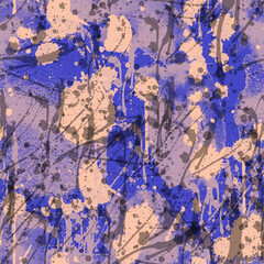 A seamless pattern with monochrome paint splatters on a violet and beige background.