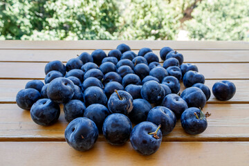 Pile of ripe blue plums on wooden garden table