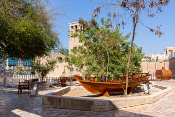 Traditional wooden rowing boat - abra - displayed in Al Fahidi Historical District, Dubai, United...