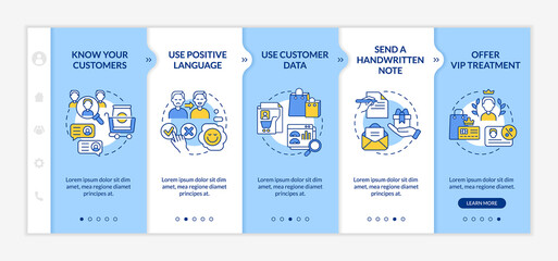 Customer support tips blue and white onboarding template. Be respectful. Responsive mobile website with linear concept icons. Web page walkthrough 5 step screens