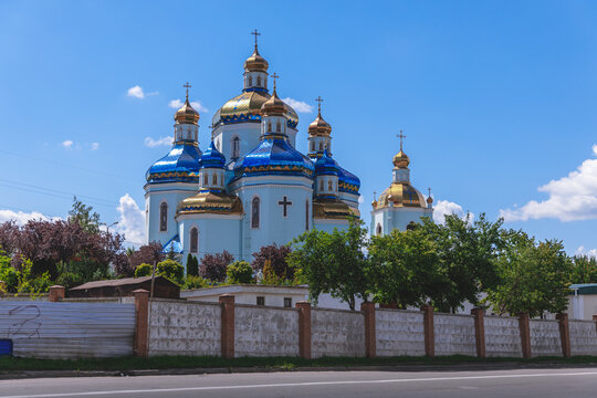 Spaso-Preobrazhensky Cathedral against the blue sky. Ukraine, Krivoy Rog. Urban landscape. Close-up of the church. Religion.