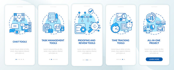 Essential business tools blue onboarding mobile app screen. Proofing walkthrough 5 steps graphic instructions pages with linear concepts. UI, UX, GUI template