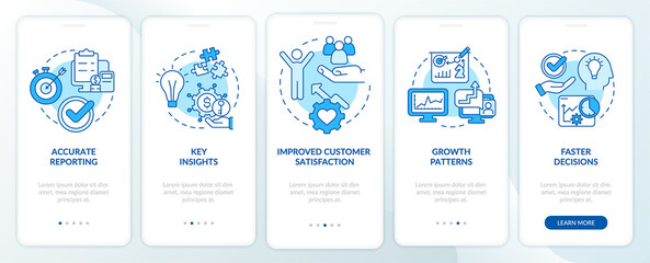 Fototapeta na wymiar Business tools benefits blue onboarding mobile app screen. Growth pattern walkthrough 5 steps graphic instructions pages with linear concepts. UI, UX, GUI template